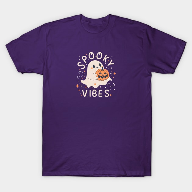 Spooky Vibes Cute Ghost with Pumpkin T-Shirt by LisaHartjesx